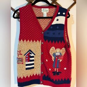 The Quacker Factory Knitted Floral Appliqué Vest 4th of July americana sweater S